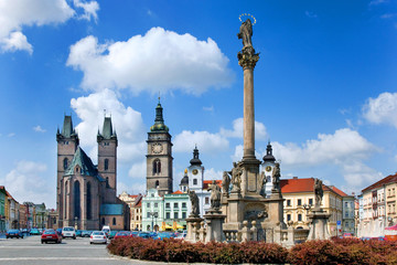 Fototapeta na wymiar famous Great square with White tower, town hall, gothic saint Spirit cathedral, historical town Hradec Kralove, Czech republic
