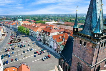 famous Great square with White tower, town hall, gothic saint Spirit cathedral, historical town...