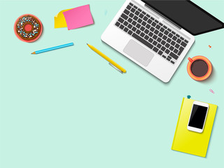 Modern workspace vector set with stationery on pastel green background. Flat lay top view mock up with realistic mobile phone, laptop, notebook and donut. Blog header. Home office, freelance concept.
