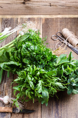 Variety of culinary, aromatic organic fresh herbs