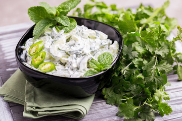 Indian cucumber raita with yoghurt, mint, cilantro. Greek tzatziki sauce