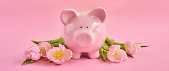 Pink piggy bank with pink tulips over pink background