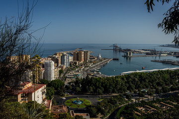 aerial view of Malagueta district and La Malagueta Harbour in Malaga, Spain, Europe on a bright summer day