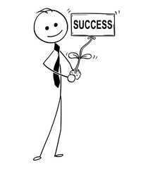 Cartoon stick man drawing conceptual illustration of businessman care about plant in his hand. Plant flower as success sign. Business concept of career, startup or investment.