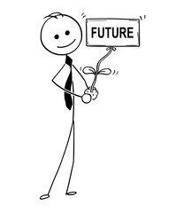 Cartoon stick man drawing conceptual illustration of businessman care about plant in his hand. Plant blooming flower as future text sign. Concept of investment, startup and success.