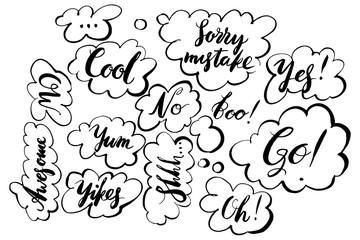Handwritten exclamation and words inside hand drawn callout clouds. Lettering. Vector illustration with drawn words.