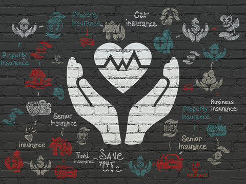 Insurance concept: Painted white Heart And Palm icon on Black Brick wall background with Scheme Of Hand Drawn Insurance Icons