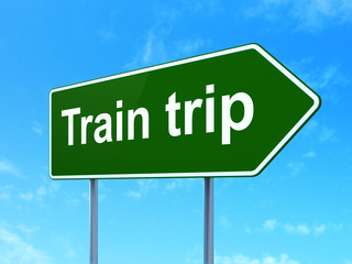 Travel concept: Train Trip on green road highway sign, clear blue sky background, 3D rendering
