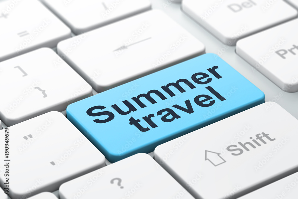 Aufkleber travel concept: computer keyboard with word summer travel, selected focus on enter button background