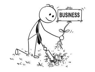 Cartoon stick man drawing conceptual illustration of businessman digging hole with small shovel to plant a tree with business sign as flower. Concept of investment, growth and success.