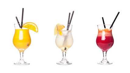 three glass  with drinks,Orange Juice in take away cup with straw isolated on white background,Cherry juice with ice,glass of fresh orange juice,Glass of lemonade with lemon slices