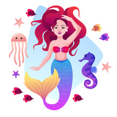 Obraz na płótnie Canvas mermaid, fish, sea horse and jellyfish. vector illustration