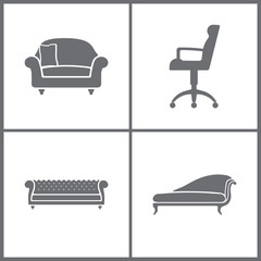 Vector Illustration Set Office Furniture Icons. Elements of Armchair, Refrigerator, Shelf and Television set icon