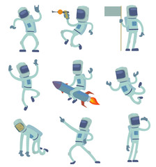 Vector alien character astronaut in space working having fun Isolated on white background space galaxy solar system alien traveler man gravity floating journey suit vector alien robot character