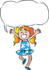 happy girl jumping with speech bubble