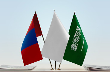 Flags of Mongolia and Saudi Arabia with a white flag in the middle
