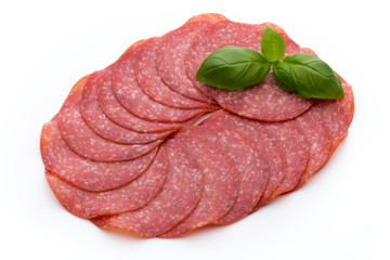 Salami slices isolated on white background.