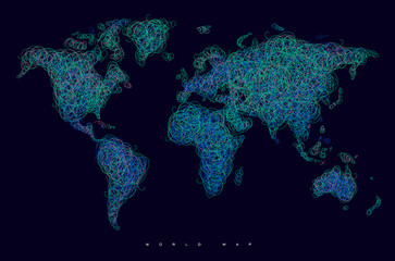 World map tangle lines blue dark