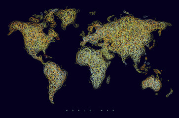World map tangle lines orange dark
