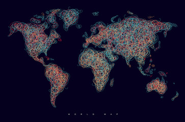 World map tangle lines red dark