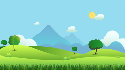 Obraz premium Meadow landscape with grass foreground and mountain background, vector illustration.Green field and sky blue and sun shine with white cloud background.Beautiful nature scene.Summer season.