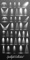 Big Collection Realistic white Scene illumination, theater studio, business presentation spotlights , special effects on transparent background.