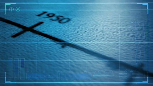 A pan across the progression of a time line inked onto paper showing years in chronological order from the past into the future overlaid with a blue tinted futuristic technical data analysis interface