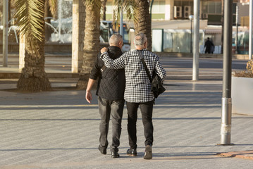 Couple of mature men with gray hair walk happily through the beach town