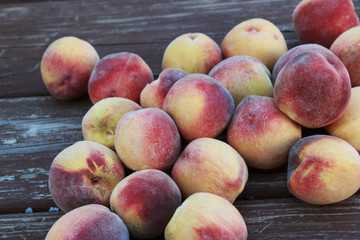 Fresh picked Fuzzy peaches gathered on a table