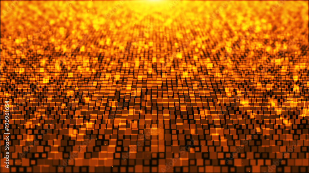 Poster abstract background with square yellow and gold moving and flicker particles. backdrop of bokeh.
