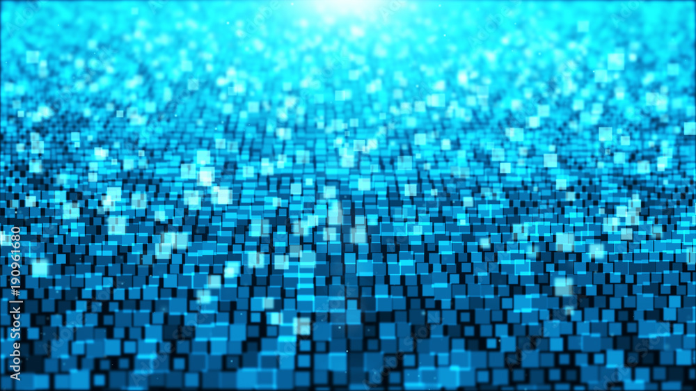 Poster abstract background with square light blue and white moving and flicker particles. backdrop of bokeh