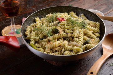 Fusilli dressed with sparacelli and breadcrumbs in a pan