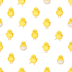 Vector seamless pattern with cute yellow Easter chickens on a white background.
