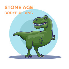 Hand Drawn Cartoon Tyrannosaur shows his biceps. Vector