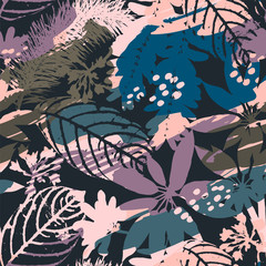 Abstract floral seamless pattern silhouettes of leaves and artistic background.