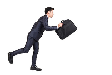 Businessman walking and holding a briefcase isolated on white background