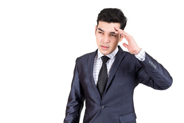 Businessman in black suit standing isolated on white background