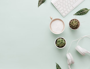 Minimalist Flat Lay Hipster Desktop With Coffee and Headphones - 190965811
