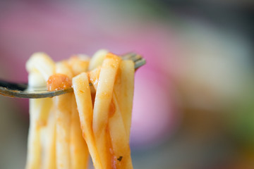 pasta with tomato sauce on fork,Close-up shoot, shallow focus.