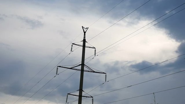 post electricity with wires on blue sky outdoors background