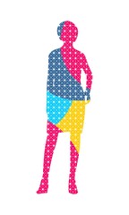 Business Woman in Short Dress. Silhouette Standing Full Length Textured by Lines and Dots Pattern. Front View