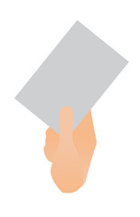 Human hand holding a blank paper sheet vector cartoon illustration isolated on white background.