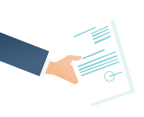 Hand of businessman holding a legal document vector cartoon illustration isolated on white background.