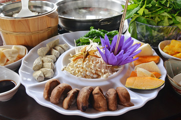 Vegetarian health hot pot  on the table    