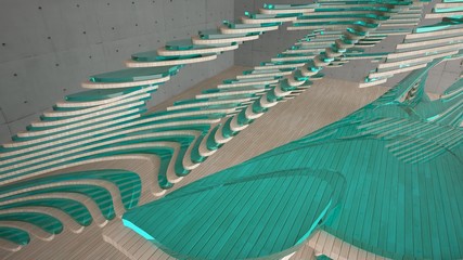 Fototapeta premium Abstract concrete and wood parametric interior with window. 3D illustration and rendering.