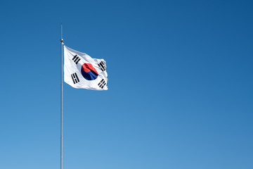 Flag of South Korea in Blue sky. copy space.