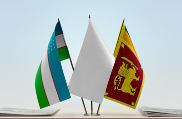 Flags of Uzbekistan and Sri Lanka with a white flag in the middle