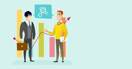 Young caucasian white and asian businessmen discussing market analysis on the background of graph. Two marketers analyzing statistical data and situation on market. Vector cartoon illustration.