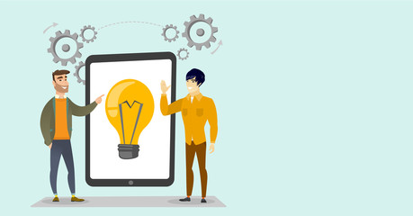 Caucasian white and asian business men pointing at idea light bulb on the tablet during brainstorming session. Brainstorming and creative idea concept. Vector cartoon illustration. Horizontal layout.