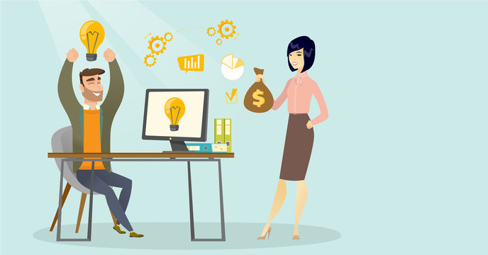 Young happy caucasian white businessman working on a computer with idea light bulb on a screen while asian woman with bag of money standing nearby. Business idea concept. Vector cartoon illustration.